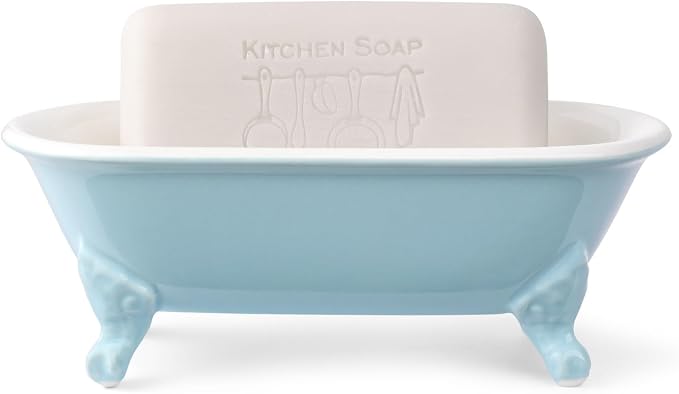6.5" Ceramic Mini Decorative Clawfoot Bathtub Bar Soap Dish, Kitchen Sponge Holder and Shower Tray for Bathroom, 1 Pack(Baby Blue)