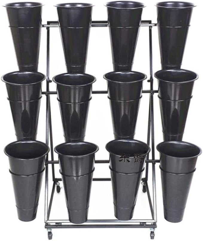 Decorative Display Stand With Buckets for Cut Flowers, Heavy Duty Rolling Plant Stand on Wheels, Indoor Outdoor Cart Ladder Shelf for Florist, Garden, Patio (3 Tier 12 Black Bucket)