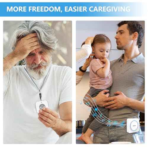 SINGCALL Wireless Portable Caregiver Pager Panic Alarm System Personal Alarm for Elderly/Kids/Pregnant/Patients 32 Chimes & 0-100dB Volume 1 Rechargeable Portable Receiver+ 2 Emergency Call Buttons