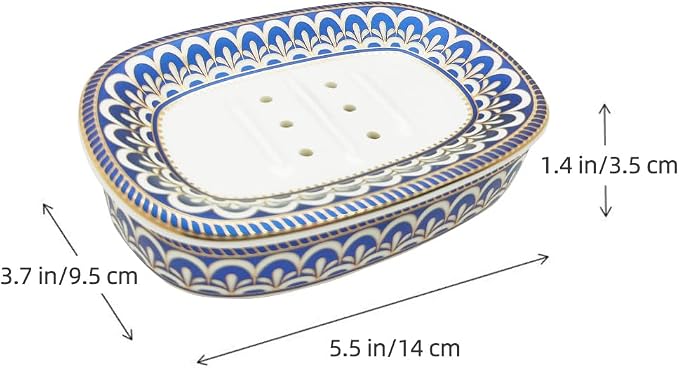 Self Draining Soap Dish, Double-Layer Bar Soap Tray, White Ceramic Soap Dish with Elegant Patterns (Style C)