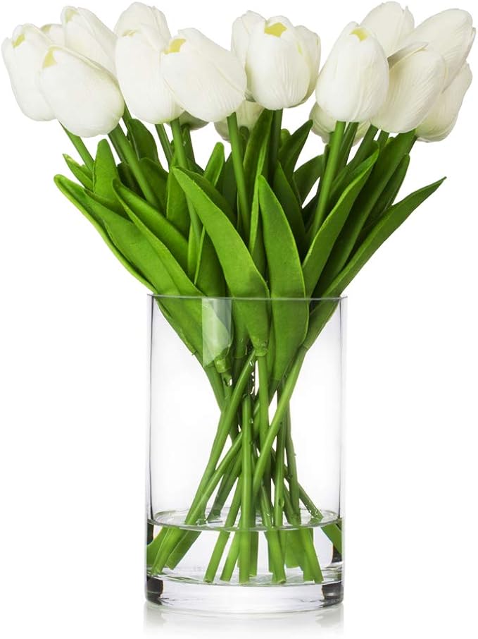 ENOVA HOME 20 Pieces Artificial Real Touch Tulips Flower Arrangement in Glass Vase with Faux Water for Home Decoration (White)