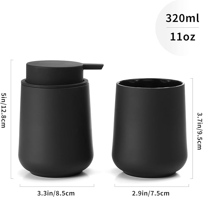 YAUKPH Matte Black Bathroom Accessories 2 Piece Set Plastic Soap Dispenser and Toothbrush Holder for Modern Bathroom Decor