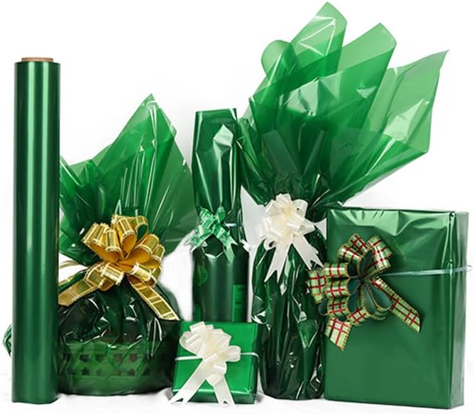 CMFYHM Green Cellophane Wrap Roll,Colorful Cello 34 In Wide X 100 Ft Long, Translucent Colored Cellophane Wrapping Paper for Gift Baskets Wrap, Treats, Holiday, DIY Arts Crafts Decoration (Green)