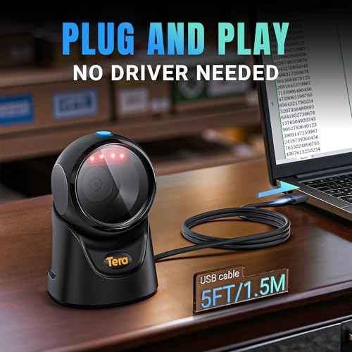 Tera Barcode Scanner Handsfree Omnidirectional: Desktop 1D 2D QR USB Wired Adjustable Angle Plug and Play Bar Code Reader for POS Supermarket Retail Store Mobile Payment Model 9700