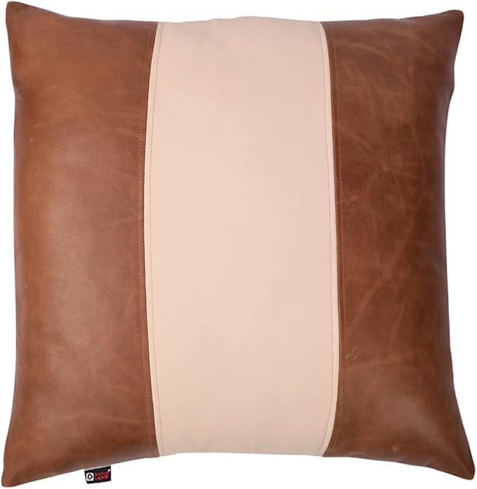 D DOLLY LAMB Lambskin Leather Pillow Cover - Sofa Cushion Case - Decorative Throw Covers for Living Room & Bedroom, 16x16 Inches - Tan & Off - White Plain