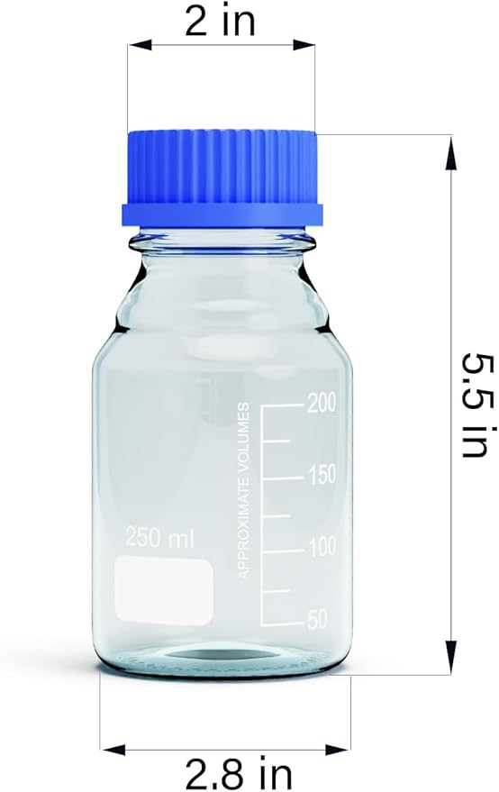 Borosilicate Glass Bottles - 2pcs Round Media Storage Bottle - 250ml with GL45 Blue Screw Cap