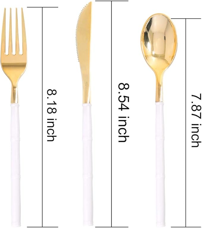 WDF 90Pieces Gold Plastic Silverware-Gold Plastic Cutlery with White Handle- Heavy Duty Thanksgiving Christmas Silverware Include 30Forks, 30 Spoons, 30 Knives for Parties