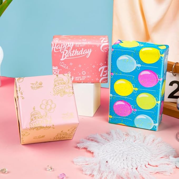 Linnoptimix Birthday Wrapping Paper Rolls -3 LARGE ROLL-27inch*78 inch per roll Colorful Foil Pink Blue wrapping paper (Birthday Blue/Pink/Light Pink （015）)