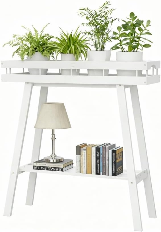BAMBANG Bamboo Plant Stand Indoor, 2 Tier Small Plant Table, Tall Plant Stand for Indoor Plants, Window Sill Plant Shelf, Flower Pot Holder Plant Bench Plant Rack for Living Room, White