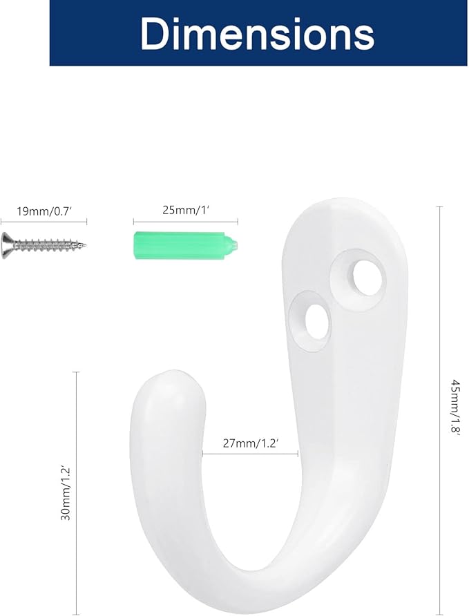 NearMoon Coat Hooks Wall Mounted - Heavy Duty Metal Single Prong Robe Hanger Rustproof Wall Hooks for Towel Hat Key Bag on Bathroom, Kitchen, Livingroom(10 Pack, White)