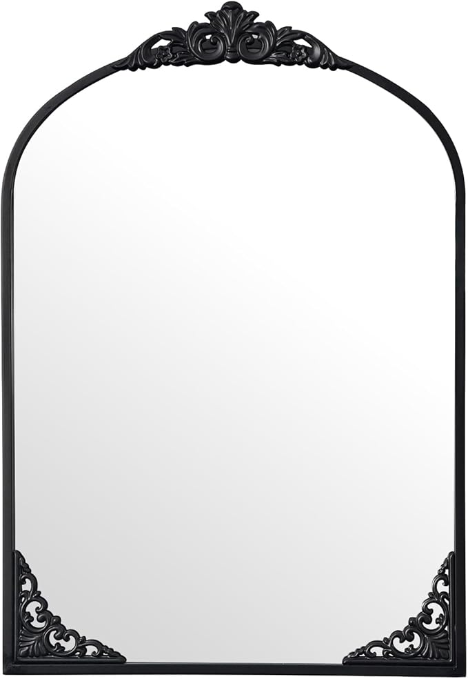 Vintage Arched Mirror 26x38 Inch Black Bathroom Mirror Antique Ornate Baroque Mirror for Living Room Entryway Bathroom Fireplace