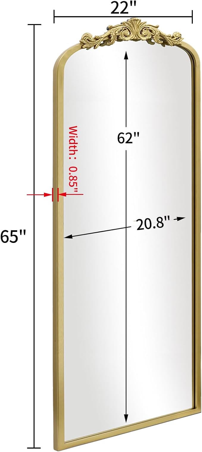 Vintage Gold Antique Arched Full Length Floor Mirror 22"X65",Traditional Elegant Baroque Floor Body Mirror with Ornate Matel Frame, French Wall Mirror for Dressing/Living Room/Hallway