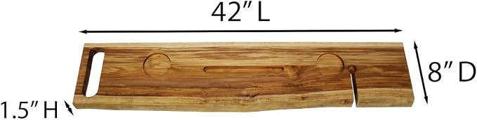 EcoDecors Eleganto 42" Live Edge Solid Teak Bath Caddy Tray with Handle, Book & Tablet Holder, Wine Glass Holders, Luxury Bathtub Tray