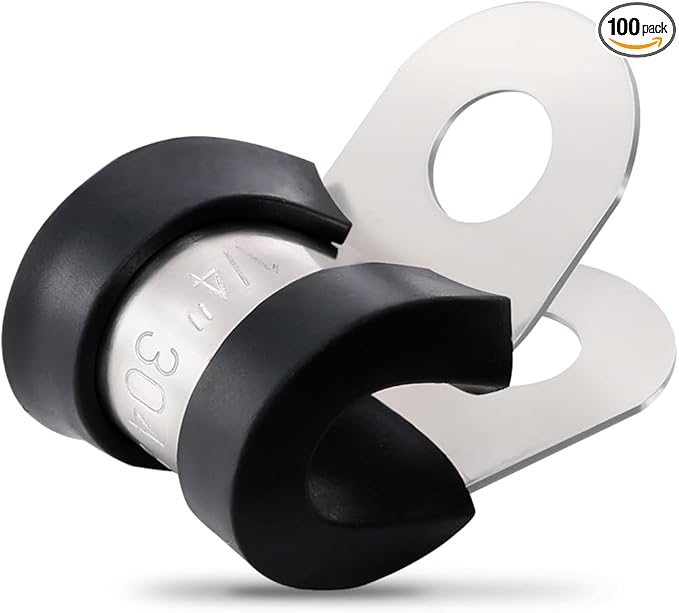 OURU 100PCS Cable Clamps 1/4 Inch 304 Stainless Steel Cable Clamps Rubber Coated Cushioned Insulated Cable Clamp,Automotive Wire Clamps,Pipe Clamps,Metal Clamp for Tube,Wire Cord Installation(6mm)