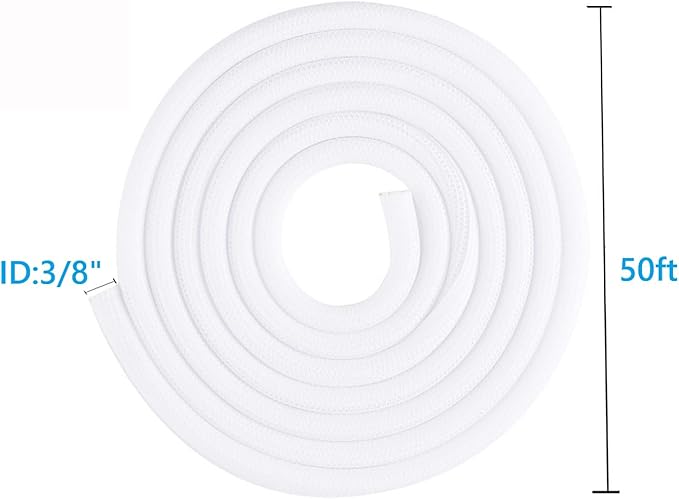 3/8"-50ft Braided Cable Sleeve Protector - Self-Wrapping Split Wire Loom for TV, Computer, Home Theater, Engine Bay - Heavy-Duty Cord Organizer, White