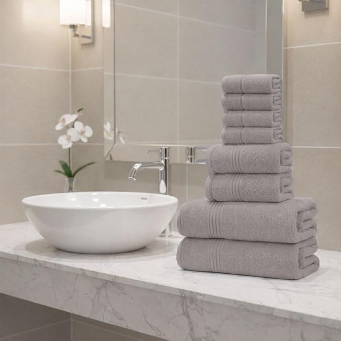 8 Piece Bath Towels for Bathroom - 100% Cotton, Soft Absorbent Bathroom Towels Set - 2 Extra Large Bath Towels, 2 Hand Towels & 4 Washcloths - Hotel Spa Thick Plush Towel, Silver Gray