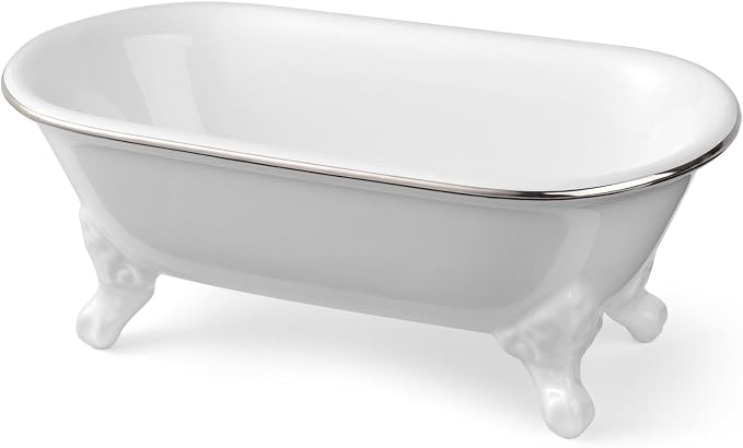 6.5" Ceramic Mini Decorative Clawfoot Bathtub Bar Soap Dish, Kitchen Sponge Holder and Shower Tray for Bathroom, 1 Pack (White Silver Rim)