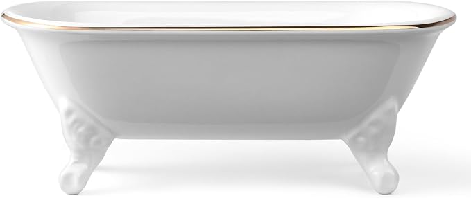 6.5" Ceramic Mini Decorative Clawfoot Bathtub Bar Soap Dish, Kitchen Sponge Holder and Shower Tray for Bathroom, 1 Pack (White Gold Rim)