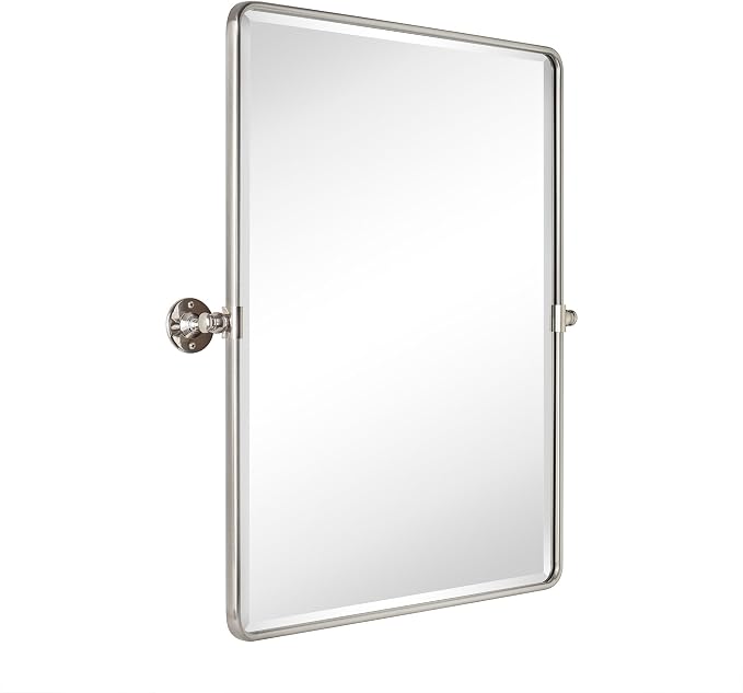 Farmhouse Pivot Rectangle Bathroom Mirror Brushed Nickel Metal Framed Tilting Beveled Vanity Mirrors for Wall, Overall 27.91x 30 inches (Mirrror 24 x 30 inches)