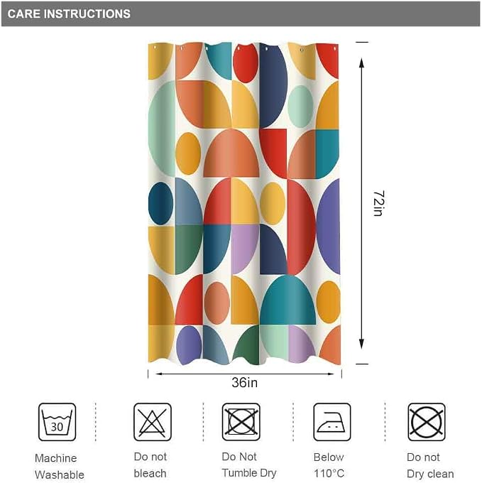 Vintage Colorful Rainbow Mid Century Shower Curtain Modern Abstract Geometric Art Bathroom Curtain Decor 36x72 Inch Washable Fabric Bright Retro Boho Circle Patterned Bath Curtain with 6 Hooks