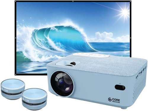 Core Innovations Home Theater Bundle - Projector, 120" Screen & Mini Bluetooth Speakers | Sea Blue