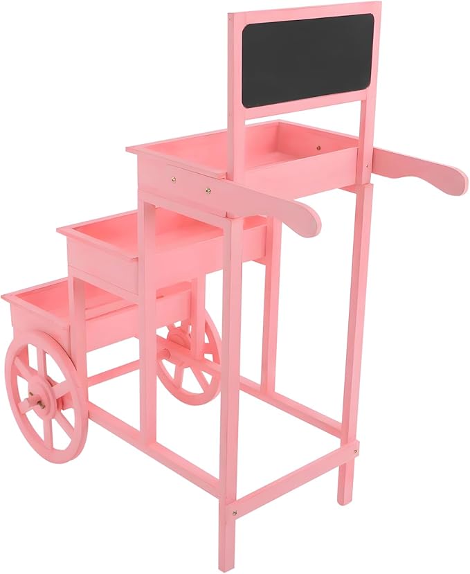 Flower Display Stand | 3-Tier Wood Flower Cart | Flower Cart Display Stand with Wheels | Ladder Shaped Plant stand | Market flower display Stand | Handle & Blackboard (Pink)
