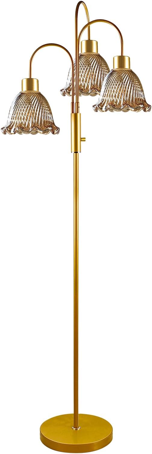 Lightdot 3-Light Glass Floor Lamp for Living Room, 70" Gold Dimmable Standing Tall Lamp with Amber Ribbed Glass Shades &3PCS 3000K Warm White Bulbs, Modern Tree Pole Lamp for Bedroom Home Decor
