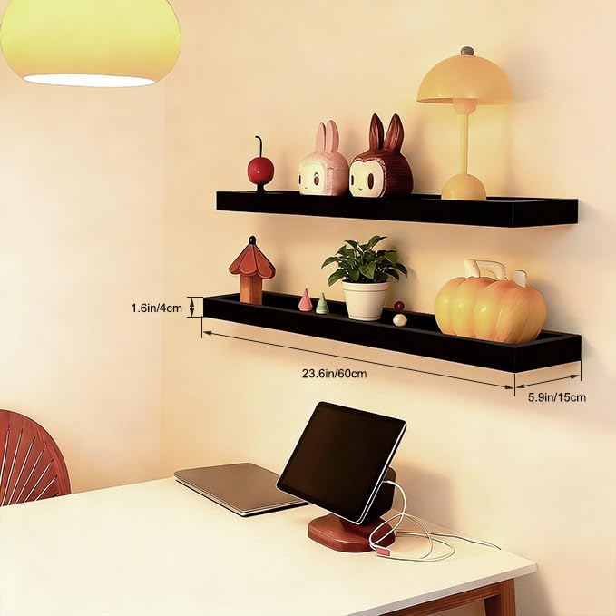 2 Pack 23.6 in Black Floating Shelves for Wall, Wooden Wall Shelves for Bedroom Living Room Kitchen, Modern and Rustic Bathroom Shelves with Raised Lip, Decor Floating Shelf for Storage Display