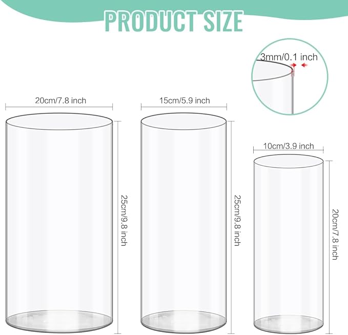 Olrla Acrylic Cylinder Vase 3 Pieces Set, Height 7.87‘’ and 9.8'' Shatter-Proof Plastic Cylindrical Flower Vases for Wedding Centerpieces, Home Office Decorations