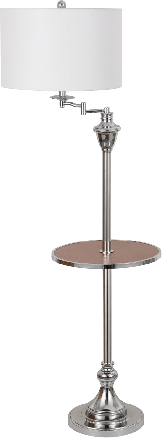JONATHAN Y 60" Chrome Swing Arm Wood Integrated Side Tray Candlestick Tray Table Floor Lamp Traditional for Living Room Bedroom with White Linen Drum Shade LED Bulb Included JYL3055E