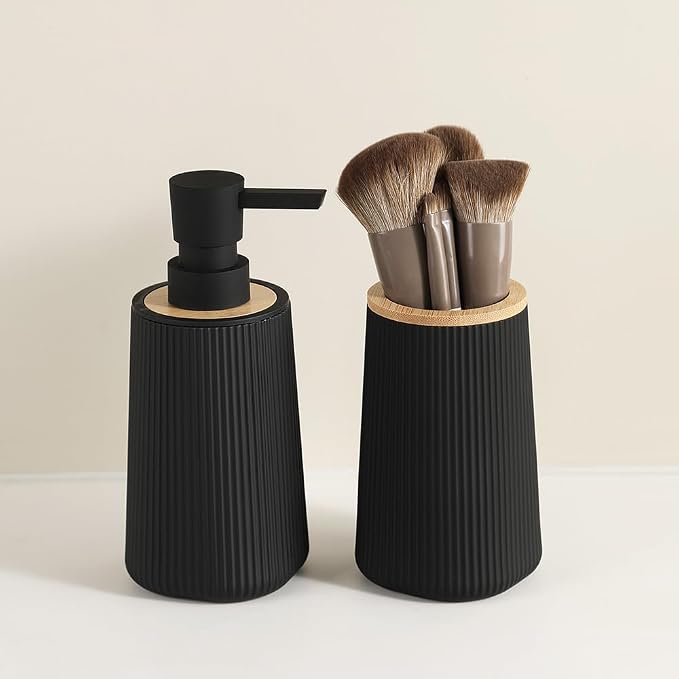 YAUKPH Bathroom Accessories Set 2 Piece Soap Dispenser and Toothbrush Holder for Bathroom Countertop Striped Black and Bamboo