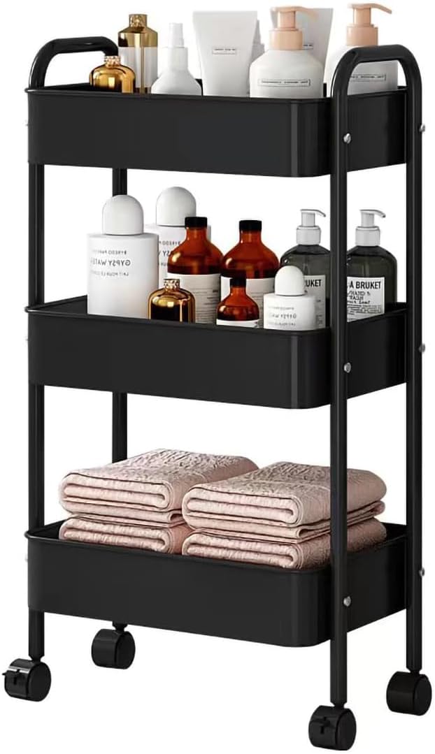XIUSHE 3-Tier Rolling Metal Utility Cart - Sturdy Portable Organizer for Office, Kitchen, Bathroom | Black