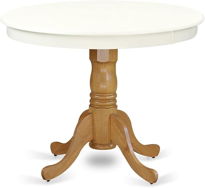 East West Furniture ANT-LOK-TP Antique Mid-Century Modern Dining Table - a Round Dining Table Top with Pedestal Base, 36x36 Inch, Linen White & Oak