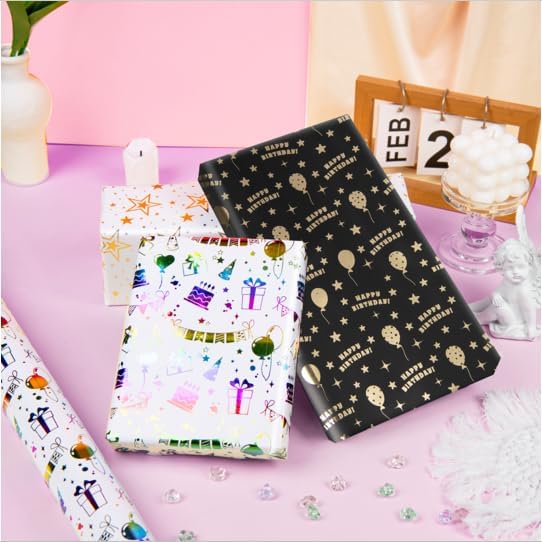 Linnoptimix Birthday Wrapping Paper Rolls -3 LARGE ROLL-27inch*78 inch per roll Colorful Foil wrapping paper (Birthday 1 Black/Gold&1 White/Gold &1White/Colorful Foil（011）)