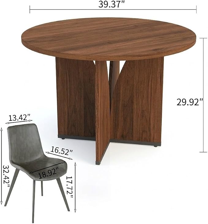 HIPIHOM Modern Round Dining Table Set for 2, 39.4" Walnut Kitchen Table with 2 PU Leather Chairs, 3-Piece Mid-Century Dining Room Set for Small Spaces, Pedestal Base & Ergonomic Padded Chairs