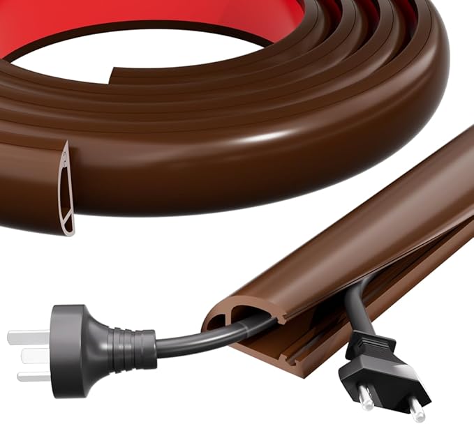Kneelisa 10FT Side-Open Extension Cord Covers for Wires on Floor,Silicone Power Cable Protector Cord Hider Management Strip,Hide Electric Wire on Carpet,Chord Runner Protective Safety Wiremold,Brown