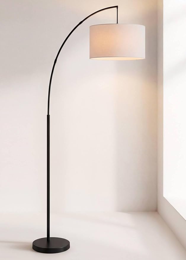 360 Lighting Cora Mid Century Modern Arc Floor Lamp 72" Tall Black Metal White Linen Fabric Drum Shade Decor for Living Room Reading House Bedroom Home Office House