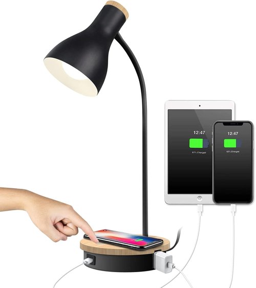 LALISU Metal Desk Lamp - Wireless Charging & Touch Control | 3-Way Dimmable Bedside Light (Black)