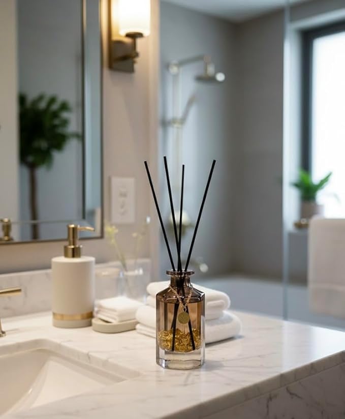 VANGIE Luxury Reed Diffuser for Home | Spiced Amberwood Warm & Woody Scent | Elegant Glass Bottle with Gold Flakes | Long-Lasting, Vegan | Bedroom, Living Room & Office