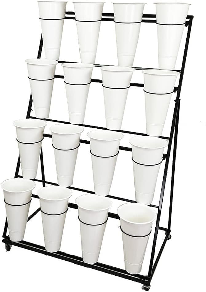 Decorative Flower Display Stand with Buckets for Cut Flowers, Heavy Duty Rolling Plant Stand on Wheels, Indoor Outdoor Flower Cart Ladder Shelf for Florist, Garden, Patio (4 Tier 16 White Bucket)