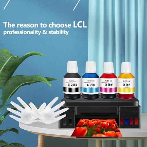 LCL GI-26 GI26 Ink Bottles Replacement for Canon 26 GI26 GI-26 Ink Refill Bottles Compatible with Canon MAXIFY GX7021 GX6021 GX7020 GX6020 GX5020 GX4020 GX3020 Printer (4-Pack,KCMY)