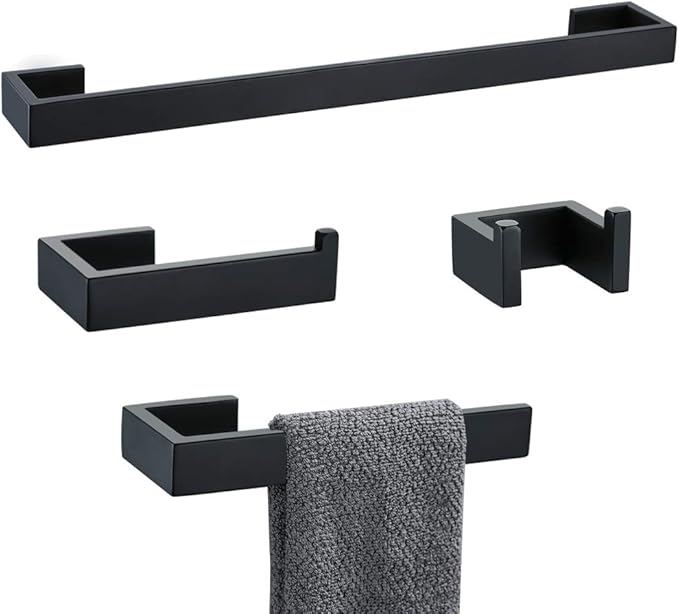 4 Pieces Bathroom Hardware Accessories Set Black Towel Bar Towel Holder Robe Hook Toilet Paper Holder Stainless Steel,Q8-P4BK