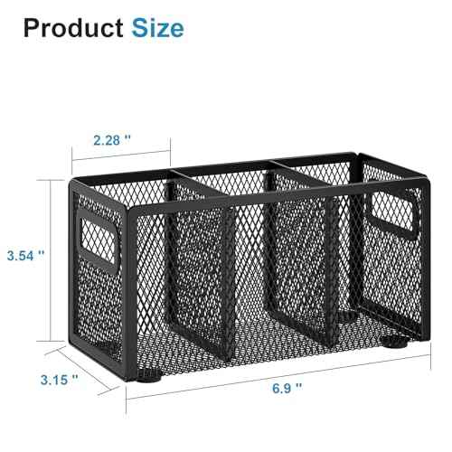 Marbrasse Mesh Pen Holder for Desk,Pencil Holder Desk Organizer 3 Adjustable Compartments,Pencil Cup with Handle Perfect for Classroom, Office, Home,Makeup,Art (Black)
