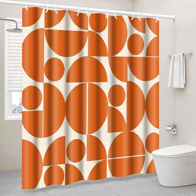 Vintage Orange Mid Century Modern Shower Curtain Boho Abstract Geometric Art Shower Curtains for Bathroom Decor 72x96 Inch 70s 80s Retro Washable Fabric Bathroom Set with 12 Hooks