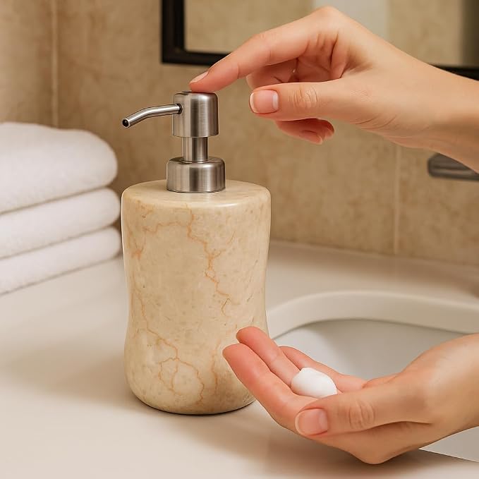 Creative Home Natural Marble Soap Dispenser with Stainless Steel Pump, Beige