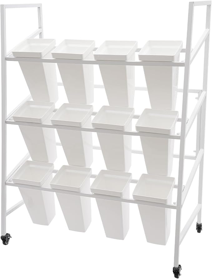 3-Layers Flower Display Stand Metal Plant Holder with 12PCS Buckets Moving Plant Cart Shelf Flower Shelf for Florist Garden Patio,3.28 * 1.84 * 4.04ft (White Frame With White Buckets)