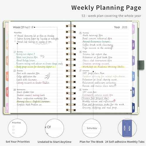 RETTACY Undated Planner, Weekly and Monthly, 53 Weeks and 12 Months, Medium Size (5.7" x 8.3"), 24 Self-adhesive Monthly Tabs, Hardcover, 100 GSM Thick Paper, Spiral-bound (Light Green)