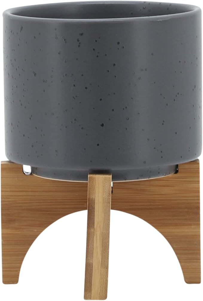 Ceramic Planter with Wood Stand - 5 Inch Matte Gray Unpatterned Indoor Flower Pot and Succulent Plant Pot with Drainage Hole, 1 Pack