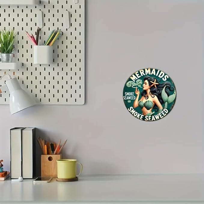 1pc Flat Disc Wooden Room Decor, Vintage Mermaid Seaweed Smoke Design, 8x8 inches (20x20 cm), Durable, Easy to Hang, for Bedroom, Kitchen, Home, Office or as a Gift