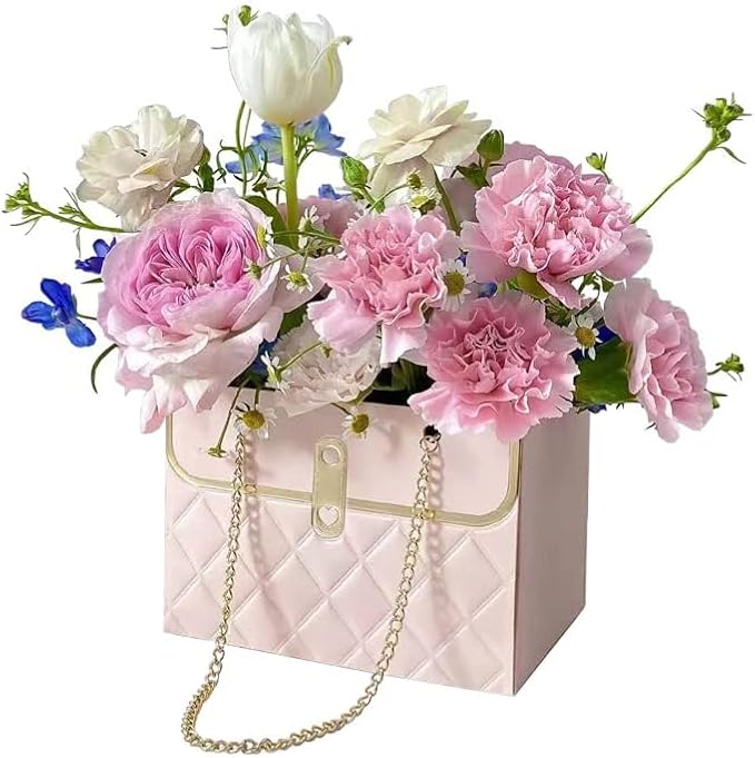 NADUSEP Flower Box Paper Bouquet Storage Bucket, Florist Flower Hand bag with Metal Chain Waterproof Florist Flower Boxes for Gifts Wrapping Supplies Bulk (4 color)
